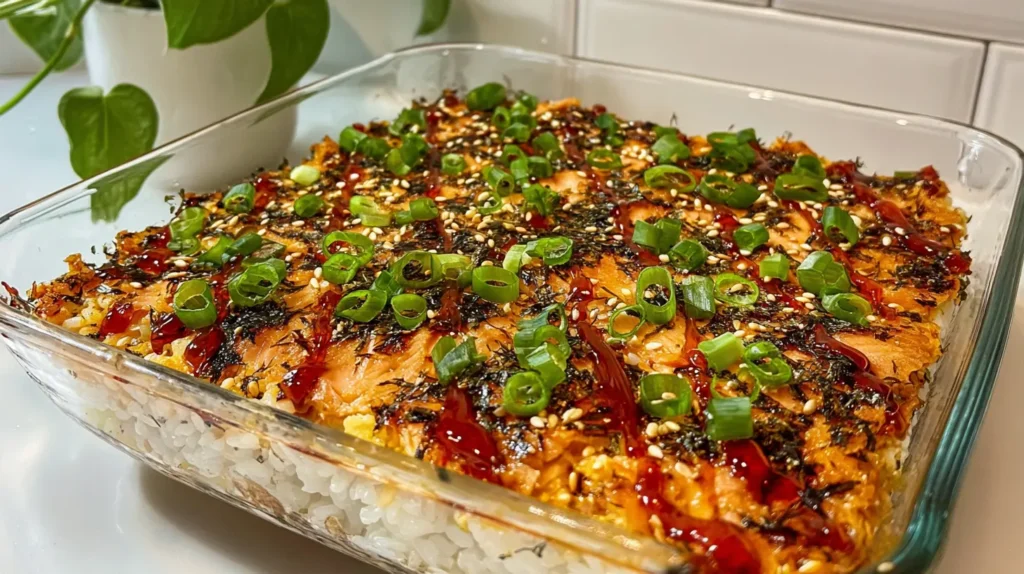 Overhead view of a delectable Salmon Sushi Bake ready to be served with nori sheets.