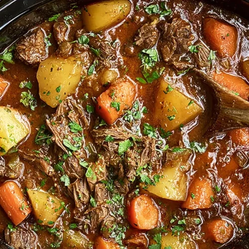 A hearty slow cooker meal served in a bowl, ready to eat.