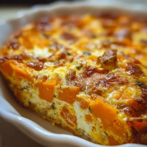 Delicious easy sweet potato egg casserole topped with herbs and spices