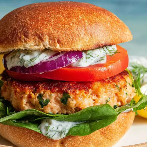 Close-up of fresh salmon burgers served on a brioche bun with lettuce and tomato.