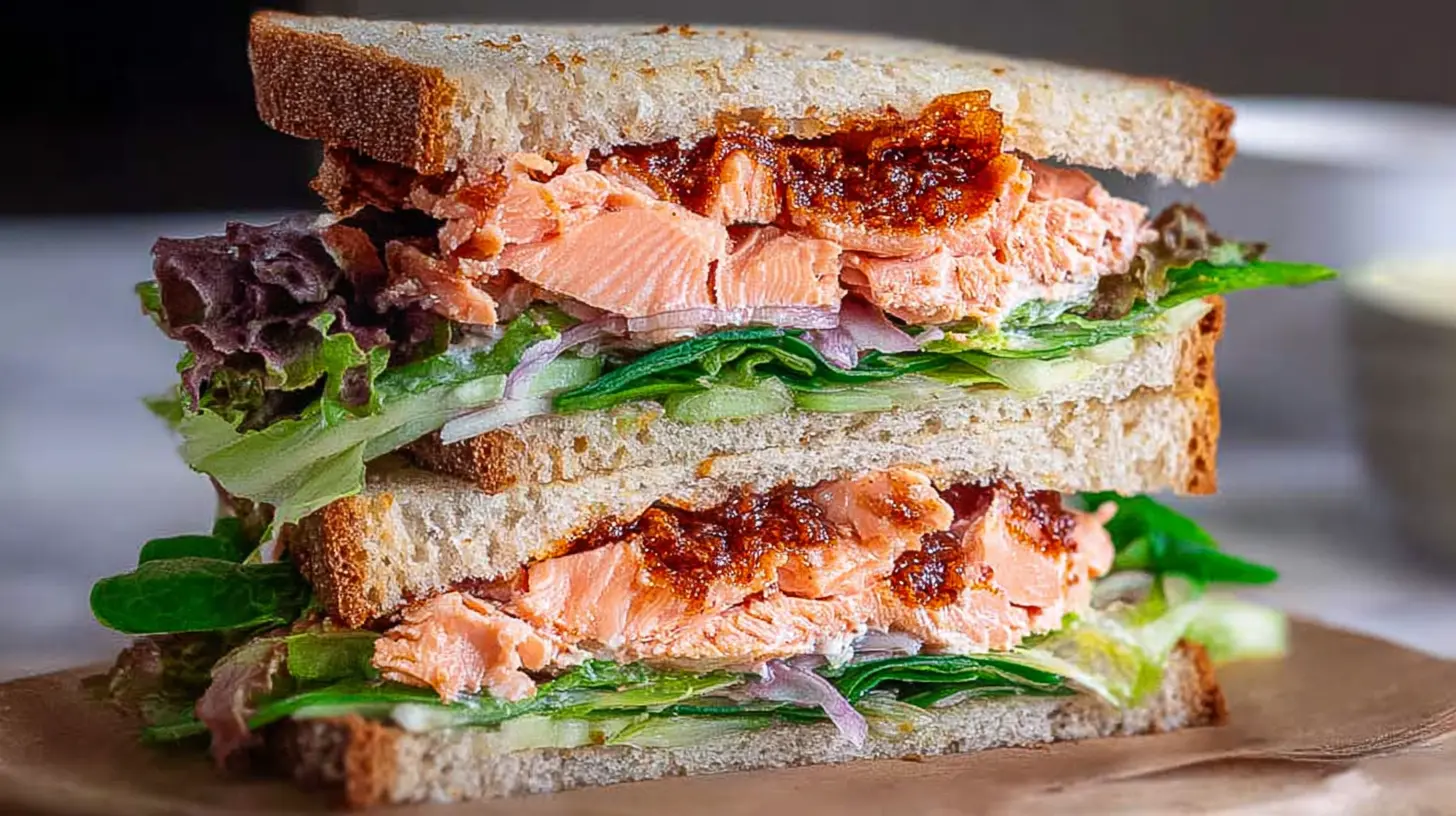 Delicious salmon sandwich featuring grilled salmon and crisp vegetables.