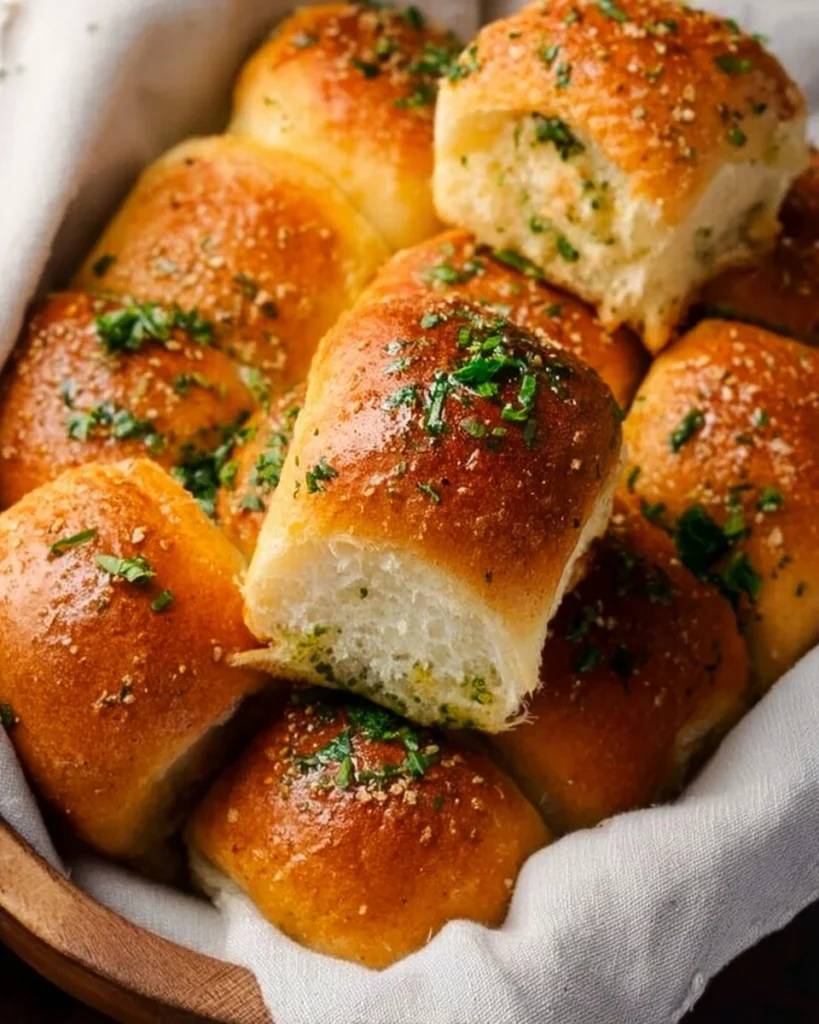 Homemade garlic bread rolls fresh out of the oven, golden and fluffy