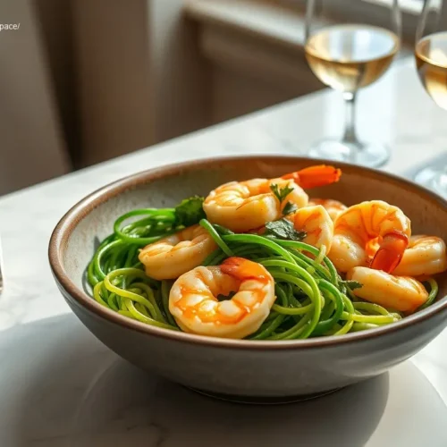 Garlic Butter Shrimp with Zoodles in ceramic bowl