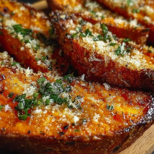 Crispy Garlic Parmesan Sweet Potato Wedges served in a bowl