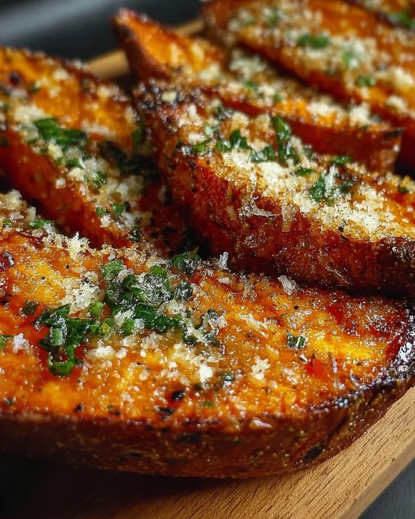 Crispy Garlic Parmesan Sweet Potato Wedges served in a bowl