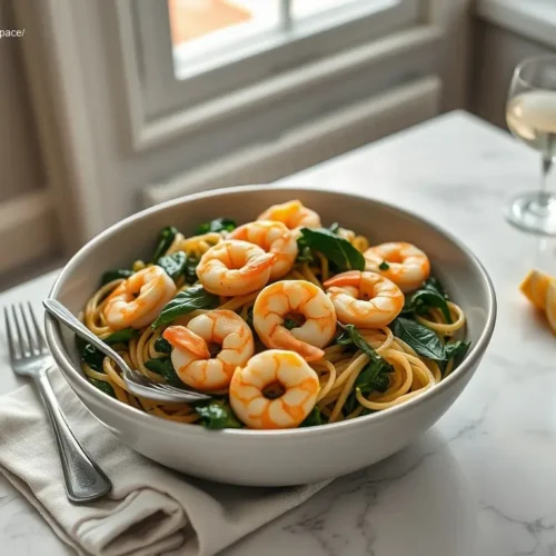 Garlic Shrimp Linguine with Spinach, a healthy dinner recipe