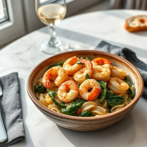 Delicious Garlic Shrimp and Spinach Orzo served in a bowl