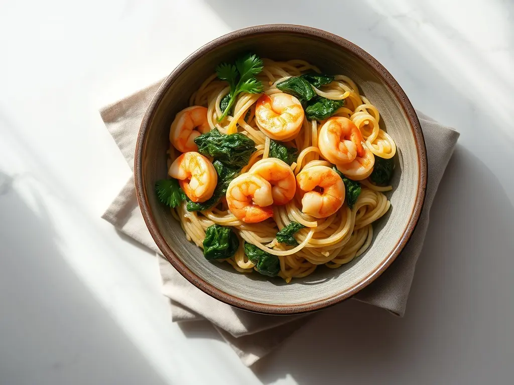 Delicious Garlic Shrimp and Spinach Orzo served in a bowl
