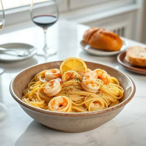 Delicious Garlic Butter Shrimp Scampi Pasta overhead shot