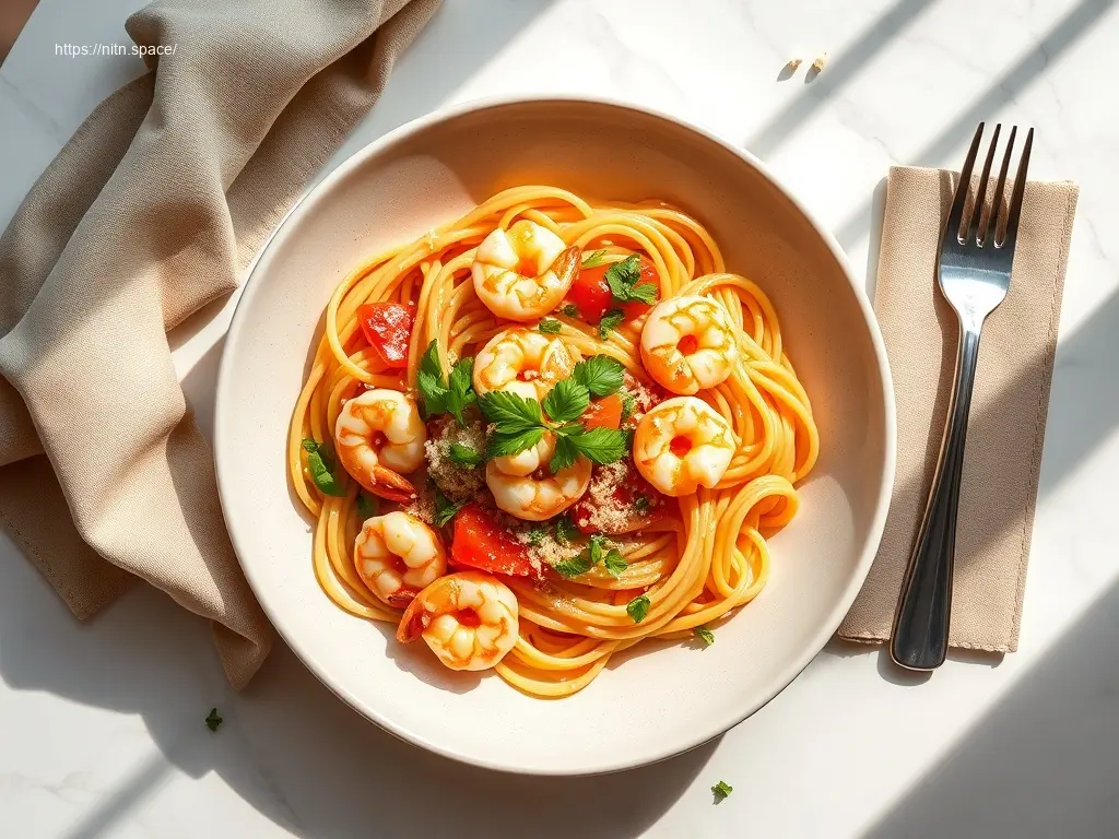 Delicious garlic shrimp and tomato cream pasta on white marble