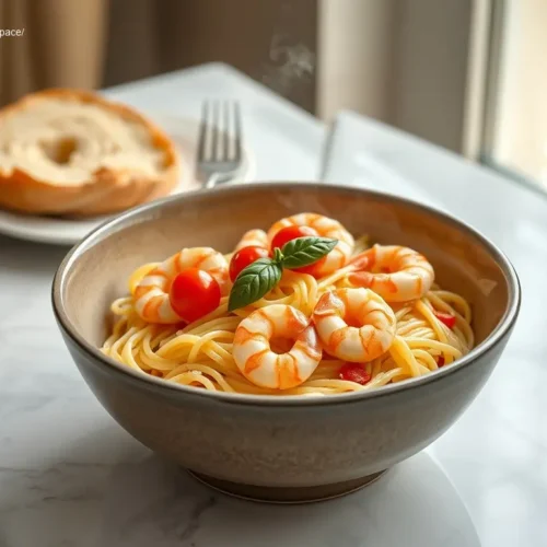 Delicious garlic shrimp and tomato cream pasta on white marble