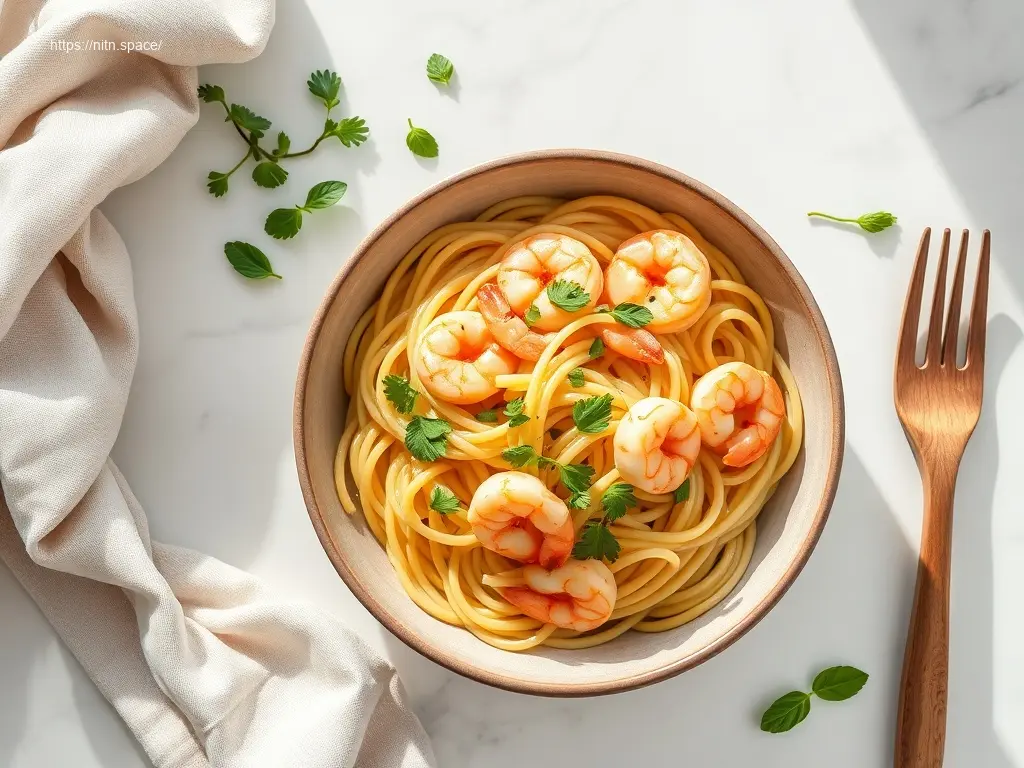 Delicious Garlic Butter Shrimp Scampi Pasta overhead shot