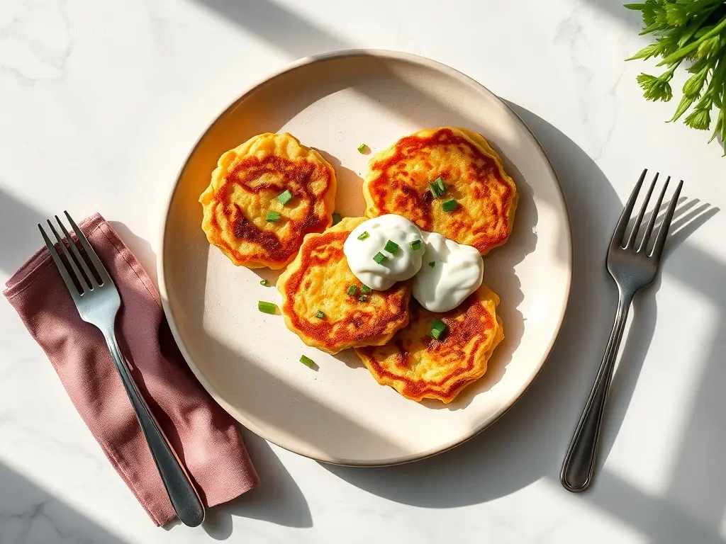 Delicious Gluten-Free Mashed Potato Pancakes on a white marble