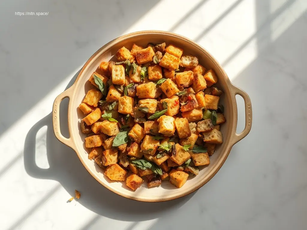 Delicious Gluten-Free Thanksgiving Stuffing in a ceramic dish