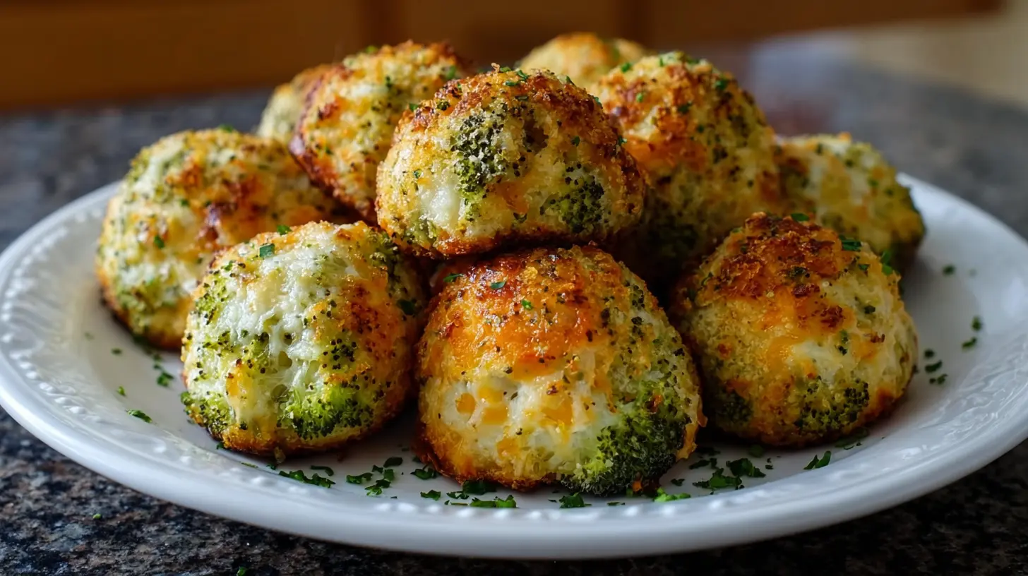 Delicious homemade broccoli cheese balls arranged on a serving dish.