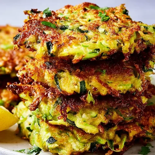 A stack of golden-brown zucchini fritters on a white plate, garnished with fresh dill.