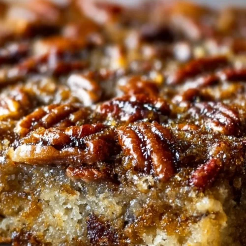Gooey pecan pie dump cake served on a plate, topped with whipped cream.