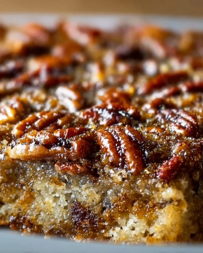 Gooey pecan pie dump cake served on a plate, topped with whipped cream.