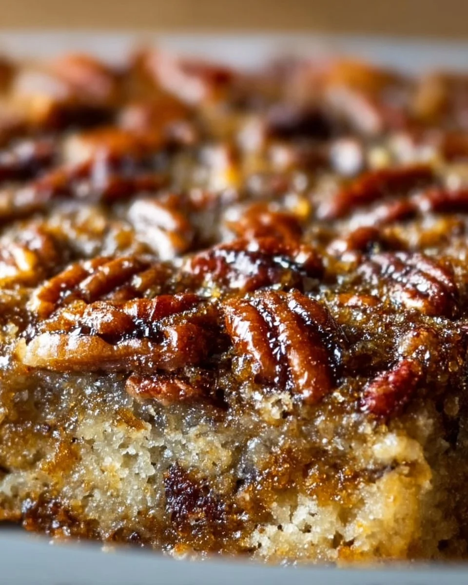 Gooey pecan pie dump cake served on a plate, topped with whipped cream.