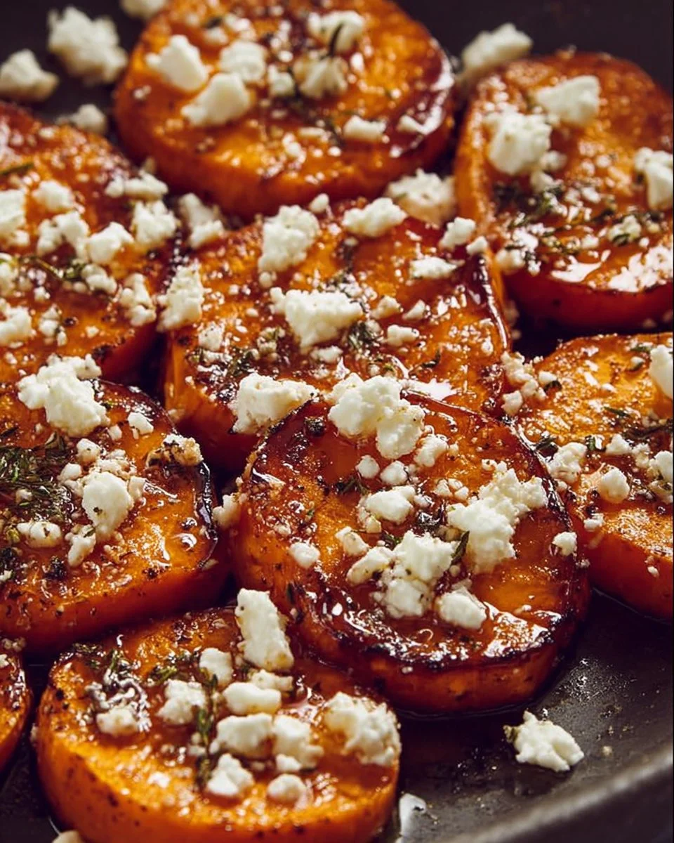 Delicious gourmet honey feta sweet potato rounds served as a savory appetizer.