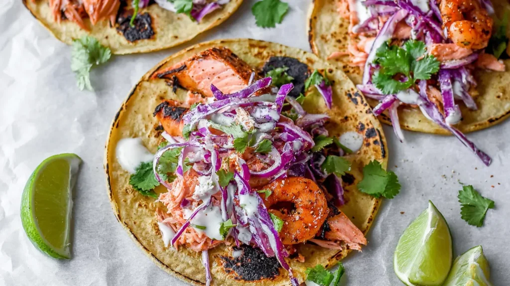 Delicious grilled salmon tacos with a creamy sauce and fresh toppings.