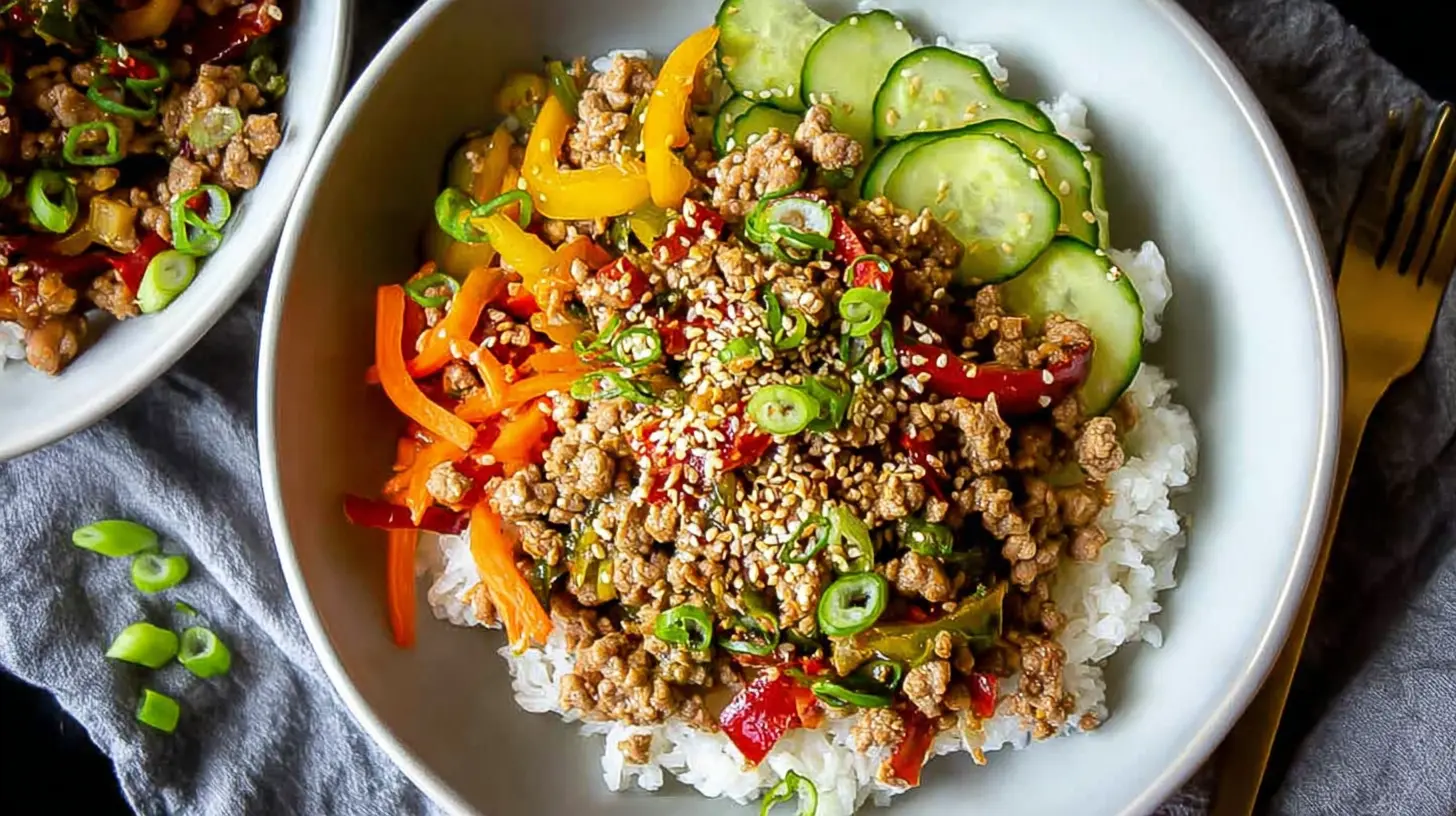 Close-up of a prepared ground turkey meal with fresh greens and a vibrant sauce.