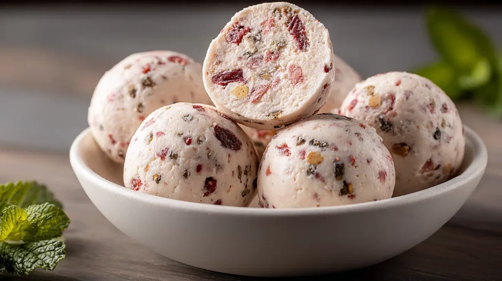 Several healthy Cottage Cheese Protein Balls displayed on a rustic wooden board, ready for snacking.