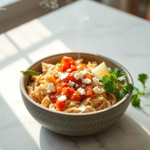 Vibrant Healthy Crockpot Chicken Burrito Bowl overhead shot