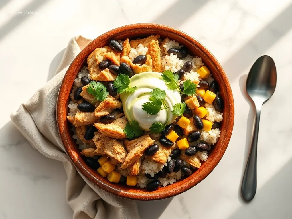 Vibrant Healthy Crockpot Chicken Burrito Bowl overhead shot