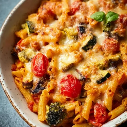 Healthy Mediterranean Vegetable Pasta Bake with vibrant veggies and pasta