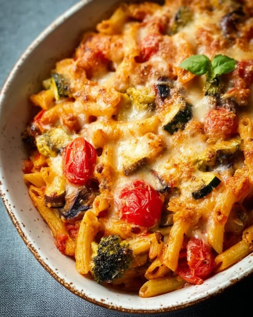 Healthy Mediterranean Vegetable Pasta Bake with vibrant veggies and pasta