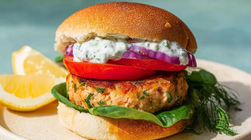 A plate with two healthy salmon burgers garnished with fresh dill and lemon wedges.