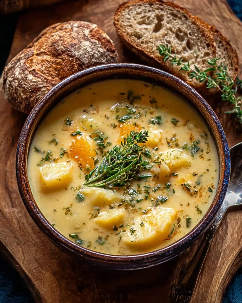 Bowl of hearty cheddar garlic herb potato soup with garnishes