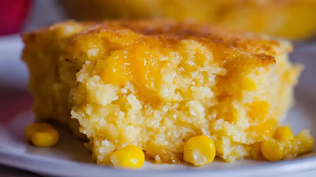 Close-up of a steaming hot cornbread casserole with a crispy top.