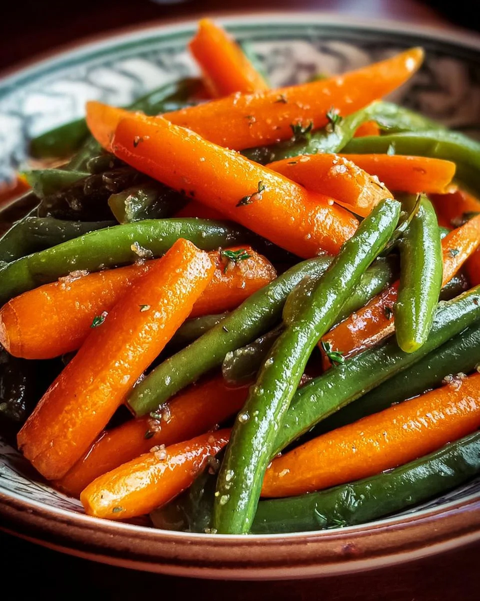 Honey glazed carrots and green beans served in a dish