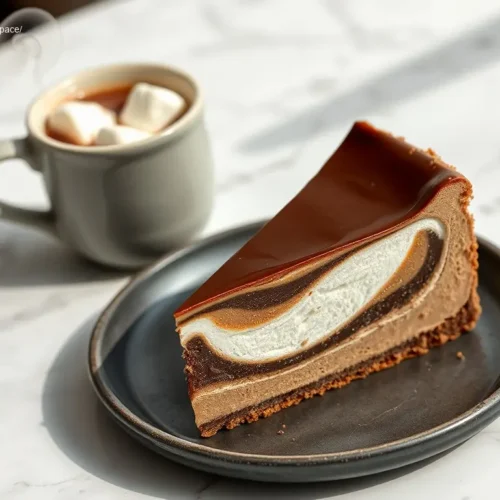 Hot Cocoa Cheesecake with Marshmallow Swirl, overhead shot