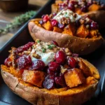 Cranberry apple twice-baked sweet potatoes topped with nuts and spices