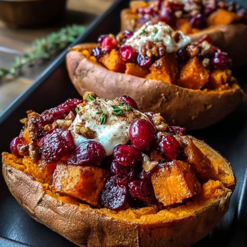 Cranberry apple twice-baked sweet potatoes topped with nuts and spices