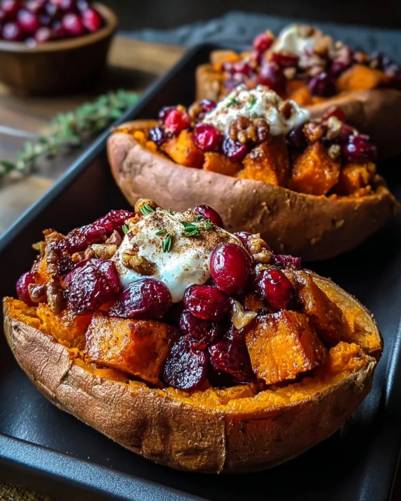Cranberry apple twice-baked sweet potatoes topped with nuts and spices
