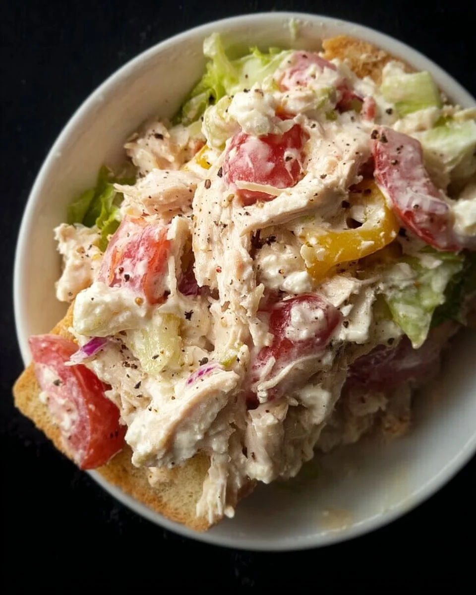 Delicious Italian Grinder Chicken Salad featuring fresh ingredients and seasonings.