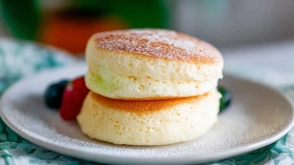 Close-up of delicate Japanese souffle pancakes, perfectly golden brown.