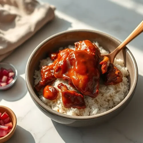 Delicious Lazy Night BBQ Chicken with Rice on white marble