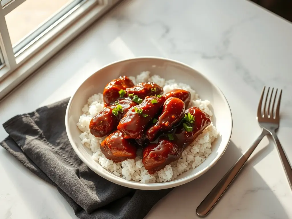 Delicious Lazy Night BBQ Chicken with Rice on white marble