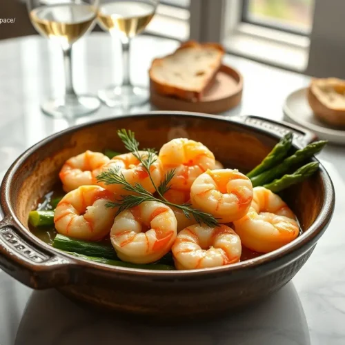 Lemon Garlic Butter Shrimp with Asparagusoverhead view