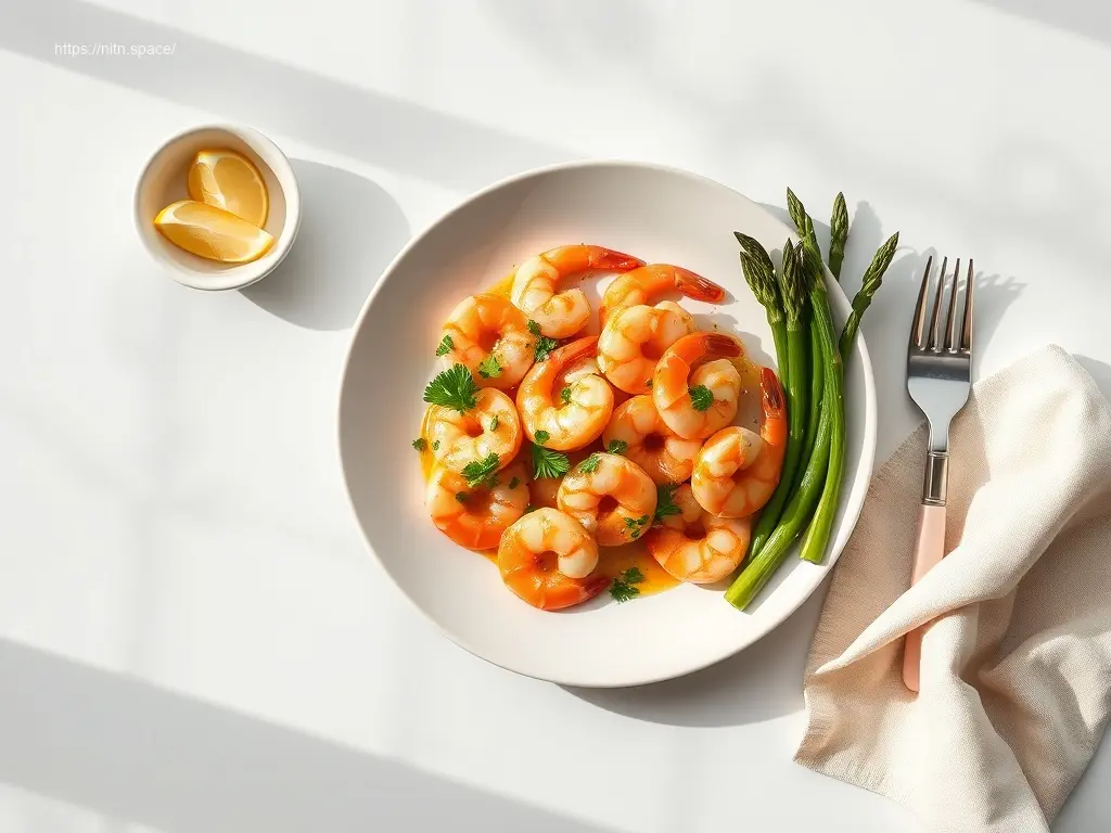 Lemon Garlic Butter Shrimp with Asparagusoverhead view