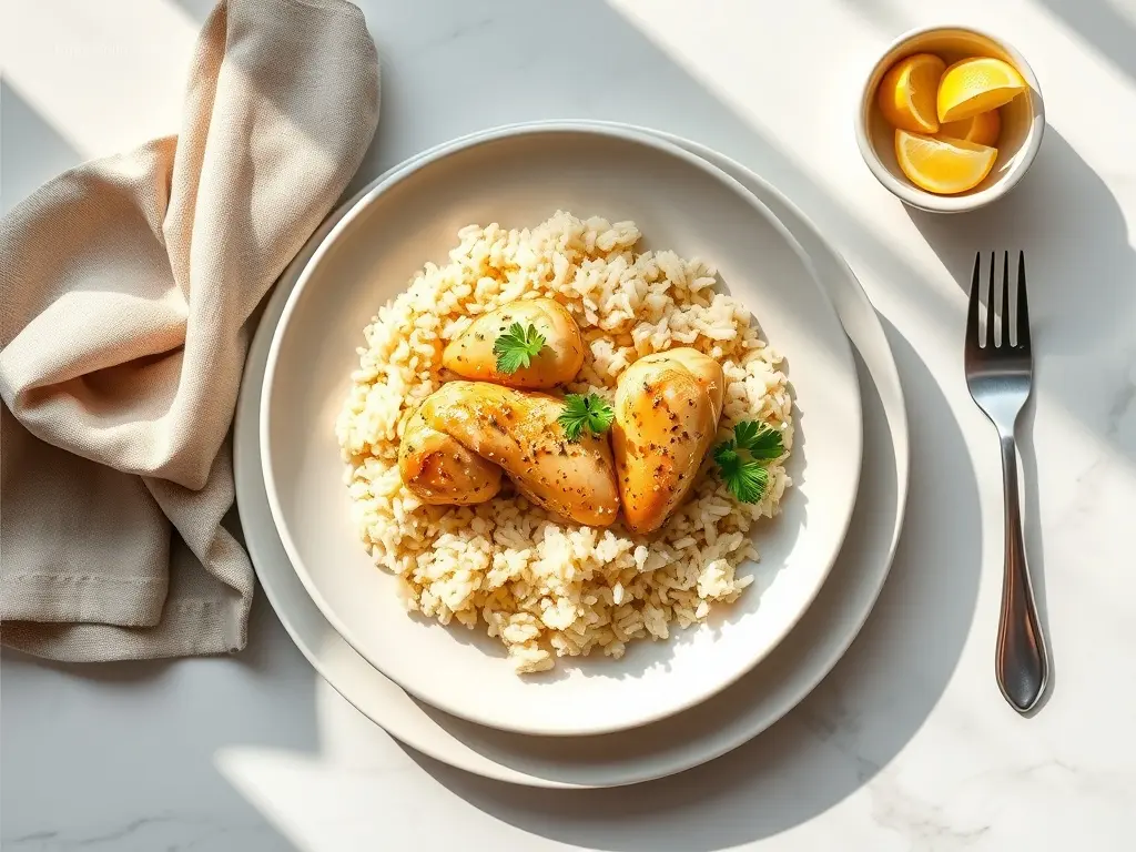 Delicious Lemon Herb Chicken & Rice Crockpot with fresh herbs
