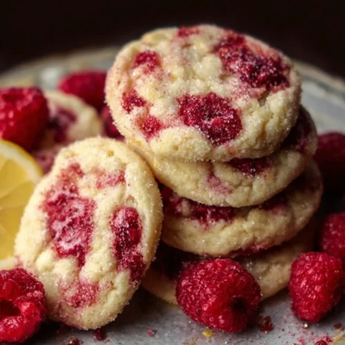 Fresh Lemon Raspberry Cookies on a plate with a lemon slice and raspberries