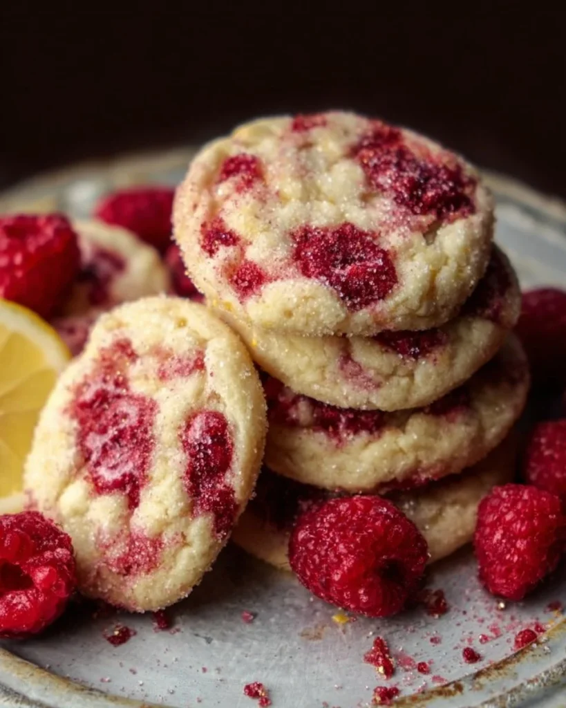 Fresh Lemon Raspberry Cookies on a plate with a lemon slice and raspberries
