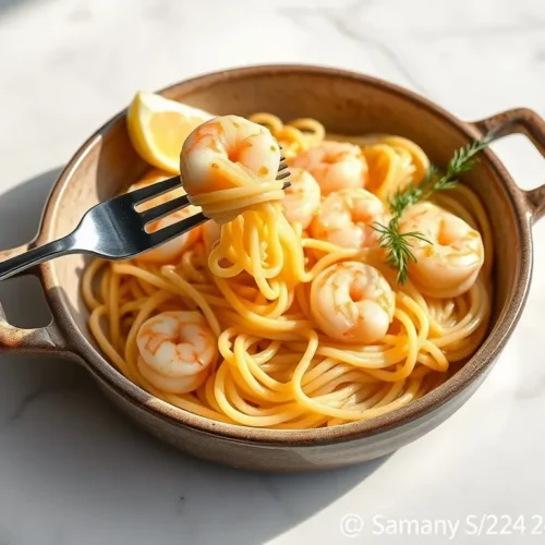 Delicious Lemon Shrimp Angel Hair Pasta overhead view