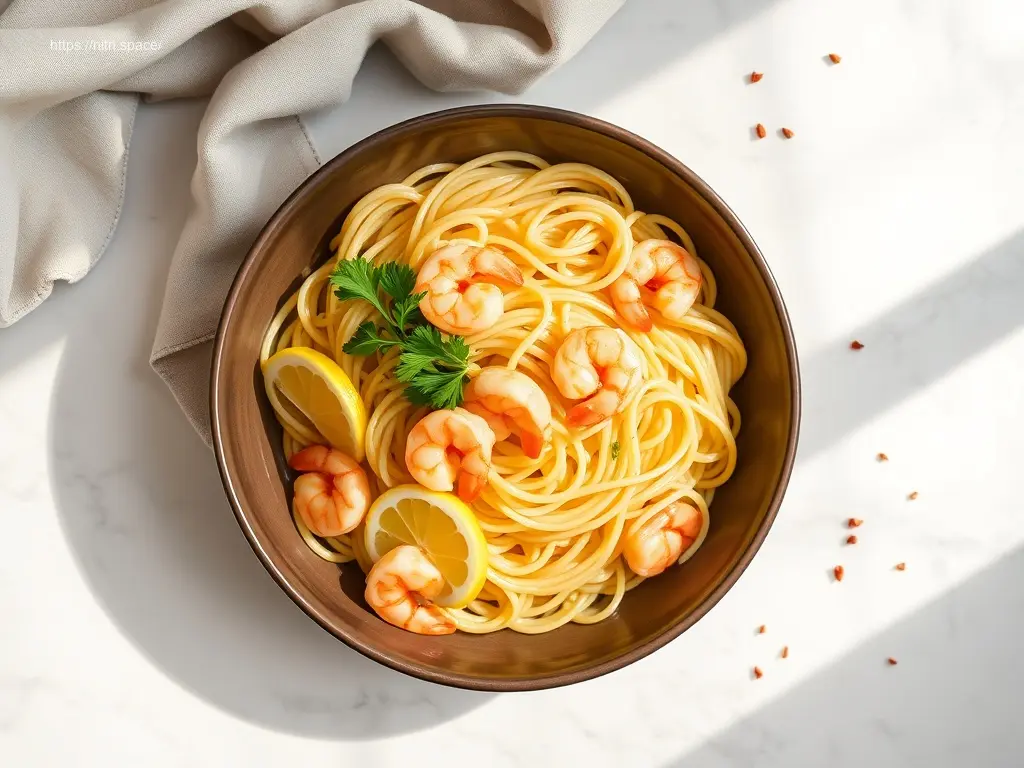 Delicious Lemon Shrimp Angel Hair Pasta overhead view
